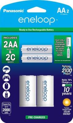 eneloop C Spacers with 2 AA eneloop 2100
